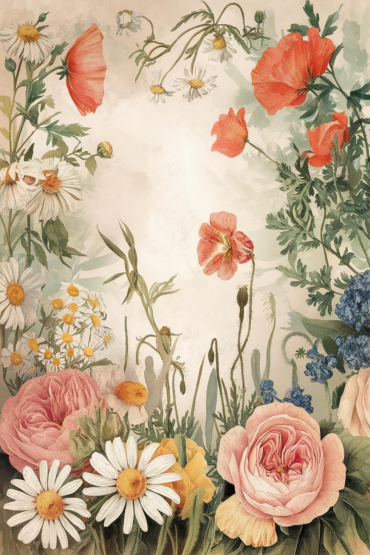 Vintage floral illustration with daisies, poppies, and roses on a soft background, creating a delicate, natural scene.