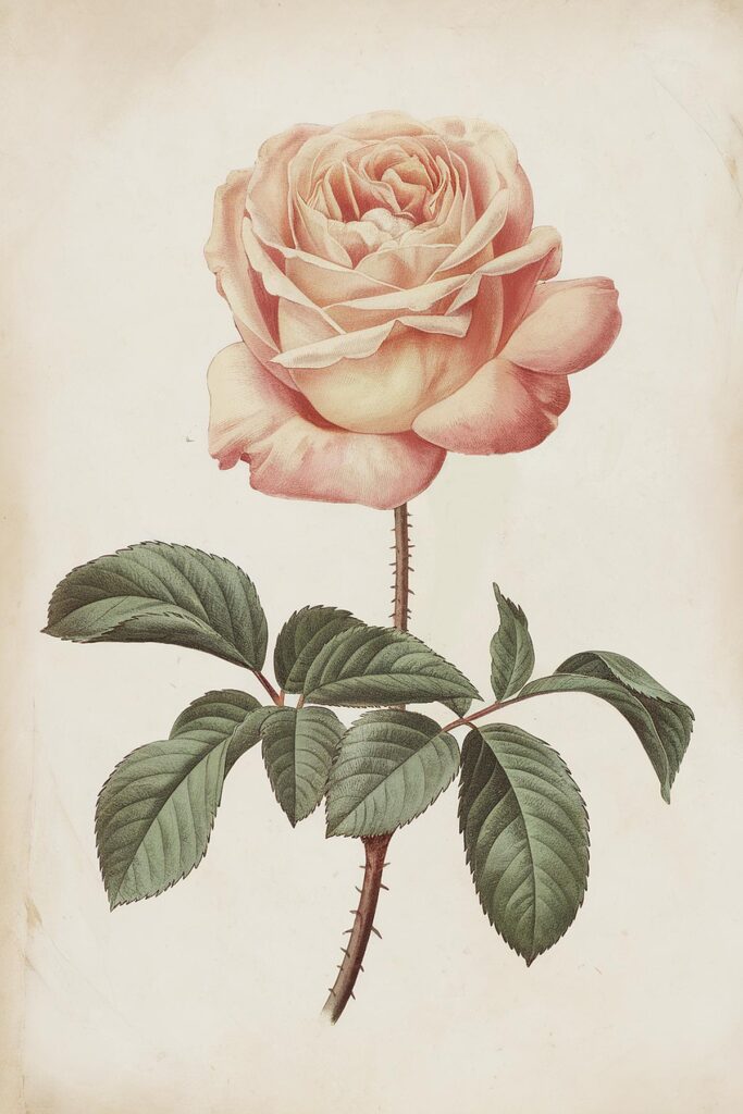 Illustrated pink rose with green leaves on white background, showcasing botanical art.