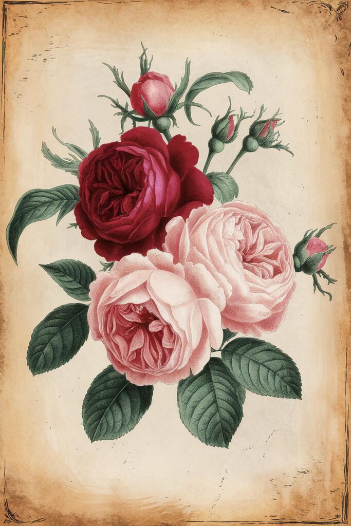 Vintage illustration of red and pink roses with green leaves on an aged, textured background.