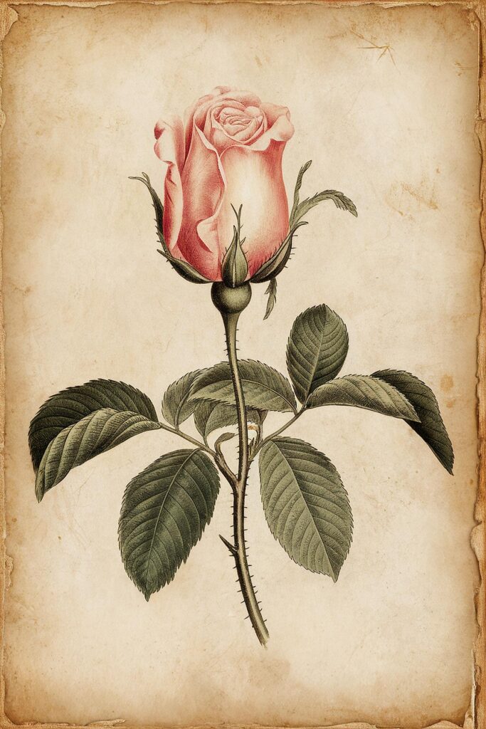 Vintage botanical illustration of a pink rose with detailed leaves on an aged paper background.