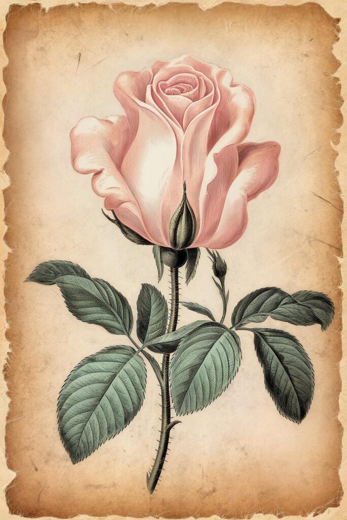 Vintage botanical illustration of a pink rose with green leaves and a textured background.
