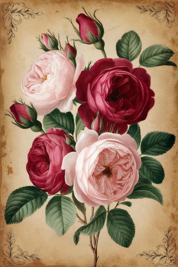 Vintage botanical illustration of pink and red roses with green leaves on a textured background.