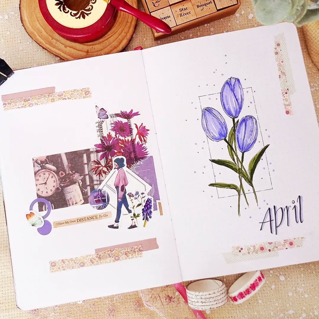 Bullet journal spread for April with floral illustrations, vintage elements, and colorful designs.