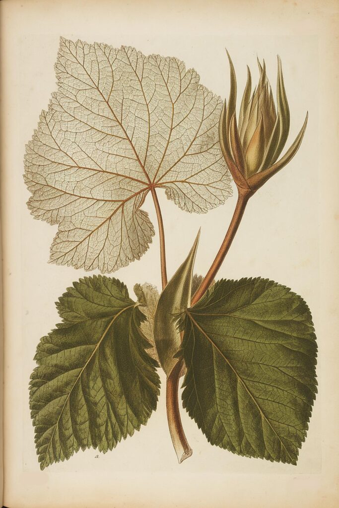 Botanical illustration of plant leaves and bud with detailed veining on a vintage-looking background.