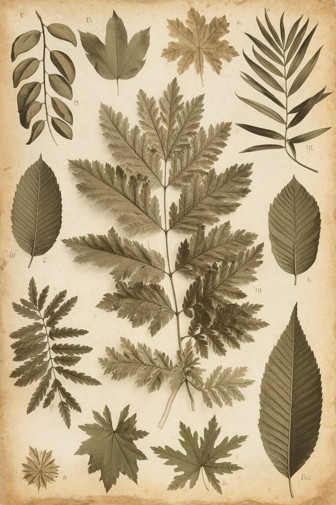 Vintage botanical illustration featuring various leaf types and structures on an aged paper background.