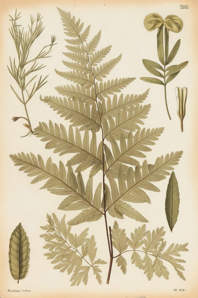 Detailed botanical illustration of various leaves, including a fern, on a vintage, aged paper background.