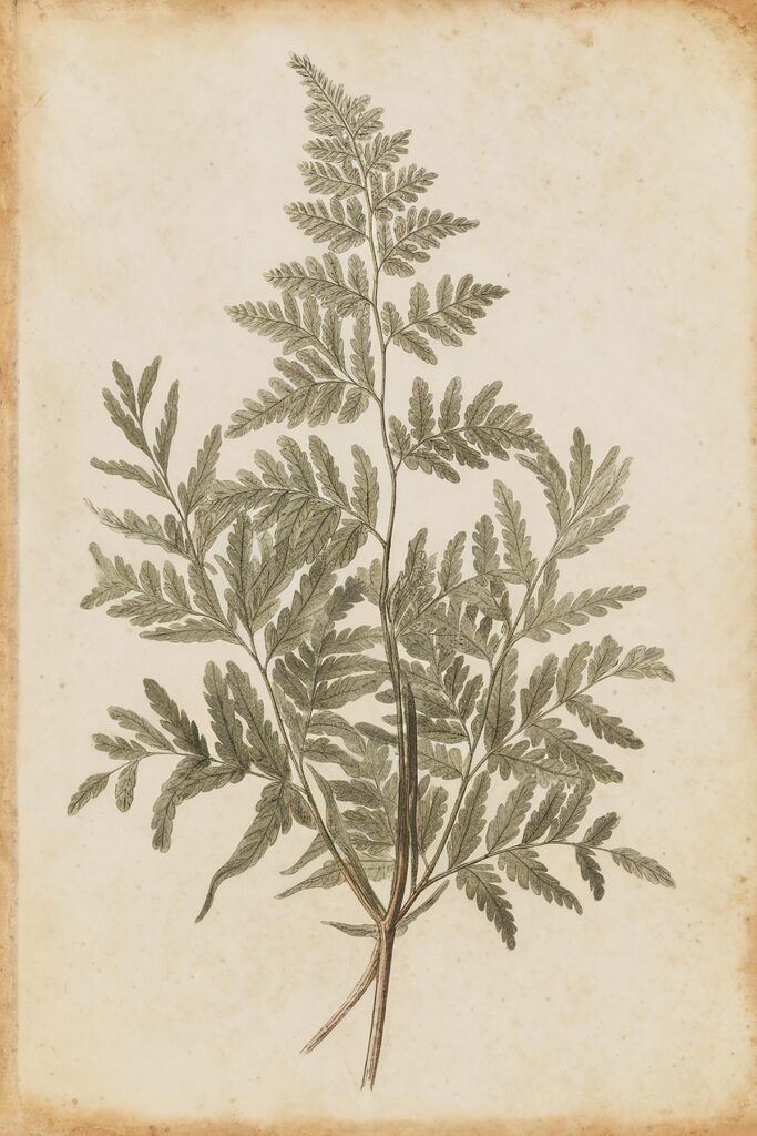 Vintage botanical illustration of a delicate green fern on aged paper background.