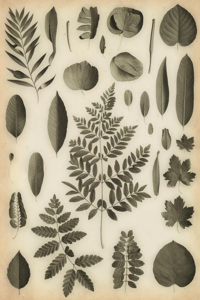Vintage botanical illustration of various leaf types on aged paper.