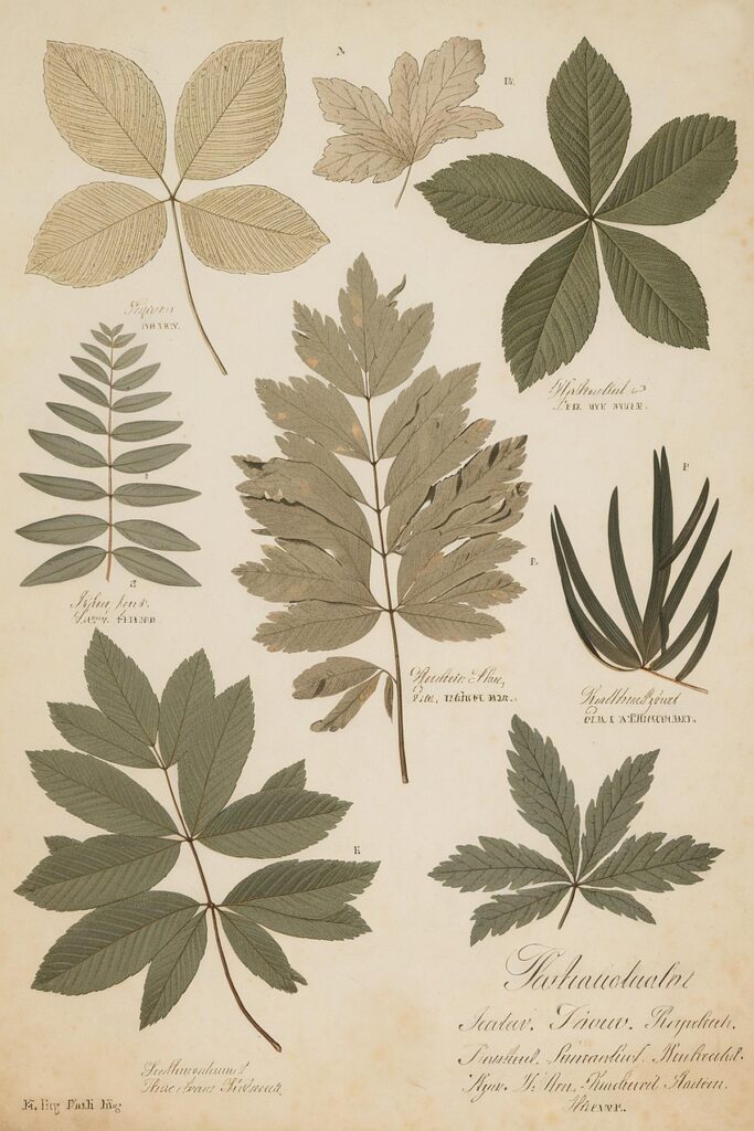 Illustrated botanical plate featuring various leaf types with labeled species names. Vintage botanical art.