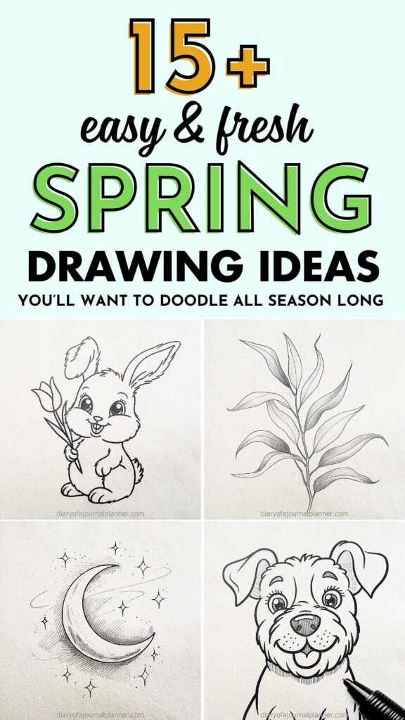 Spring drawing ideas: bunny, leaves, moon, and dog sketches. Perfect for seasonal doodling inspiration.