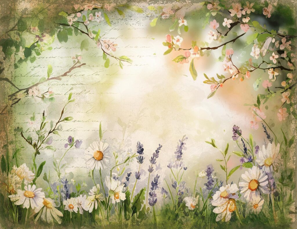 Vintage floral illustration with daisies, lavender, and cherry blossoms, creating a serene spring garden ambiance.