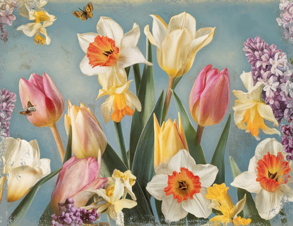Colorful tulips and daffodils with butterflies on a pastel blue background, ideal for spring-themed content.