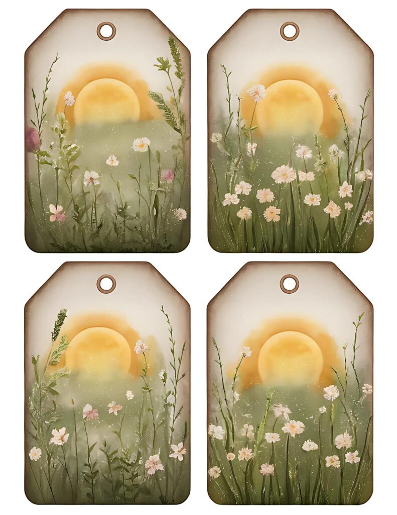 Sunset over a meadow with wildflowers on vintage-style tags.
