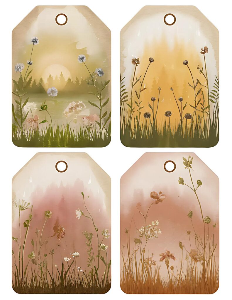 Aesthetic gift tags with floral designs and pastel backgrounds for natural, rustic-themed occasions.