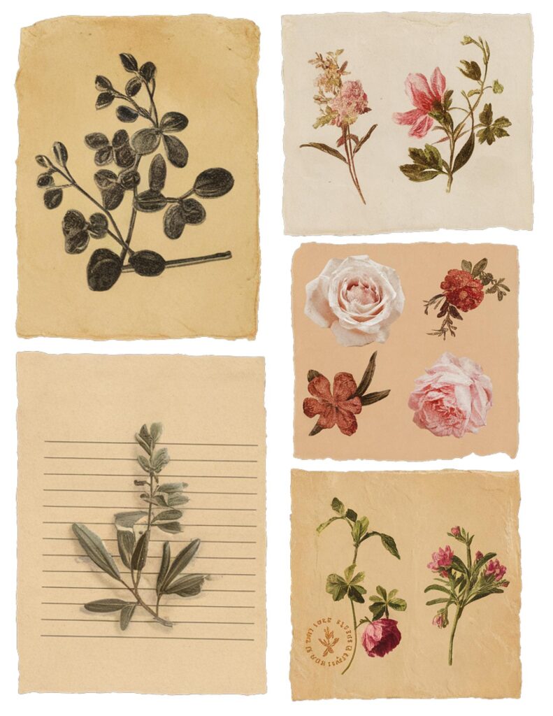 Vintage botanical illustrations of flowers and leaves on textured paper backgrounds.