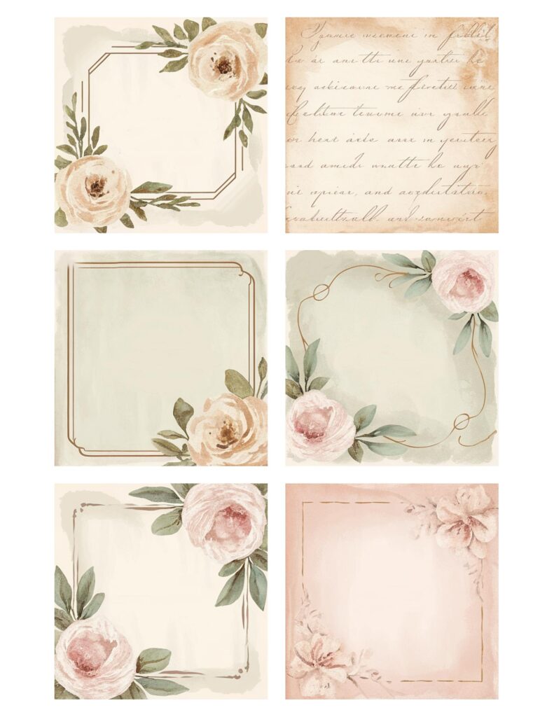 Vintage floral frames with pastel roses and leaves, perfect for elegant invitations or artistic backgrounds.