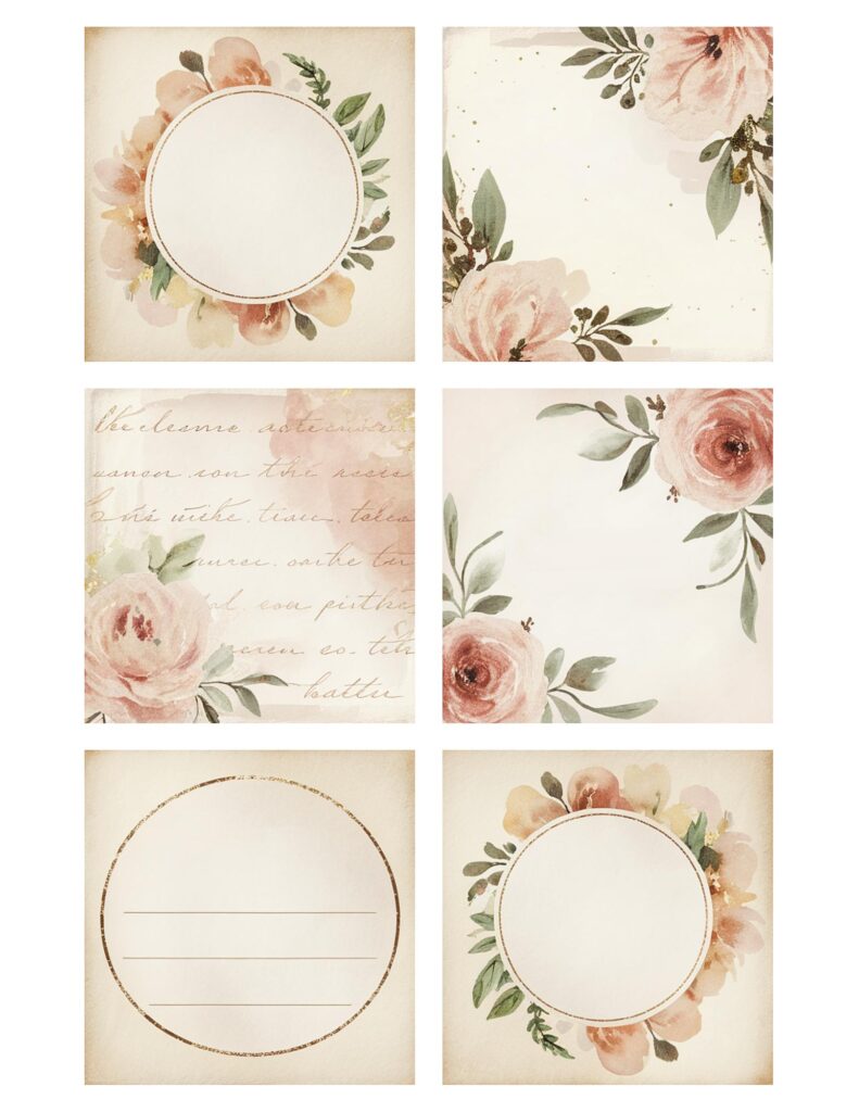 Vintage floral stationery set with elegant pink roses and green leaves, perfect for wedding invitations or crafts.