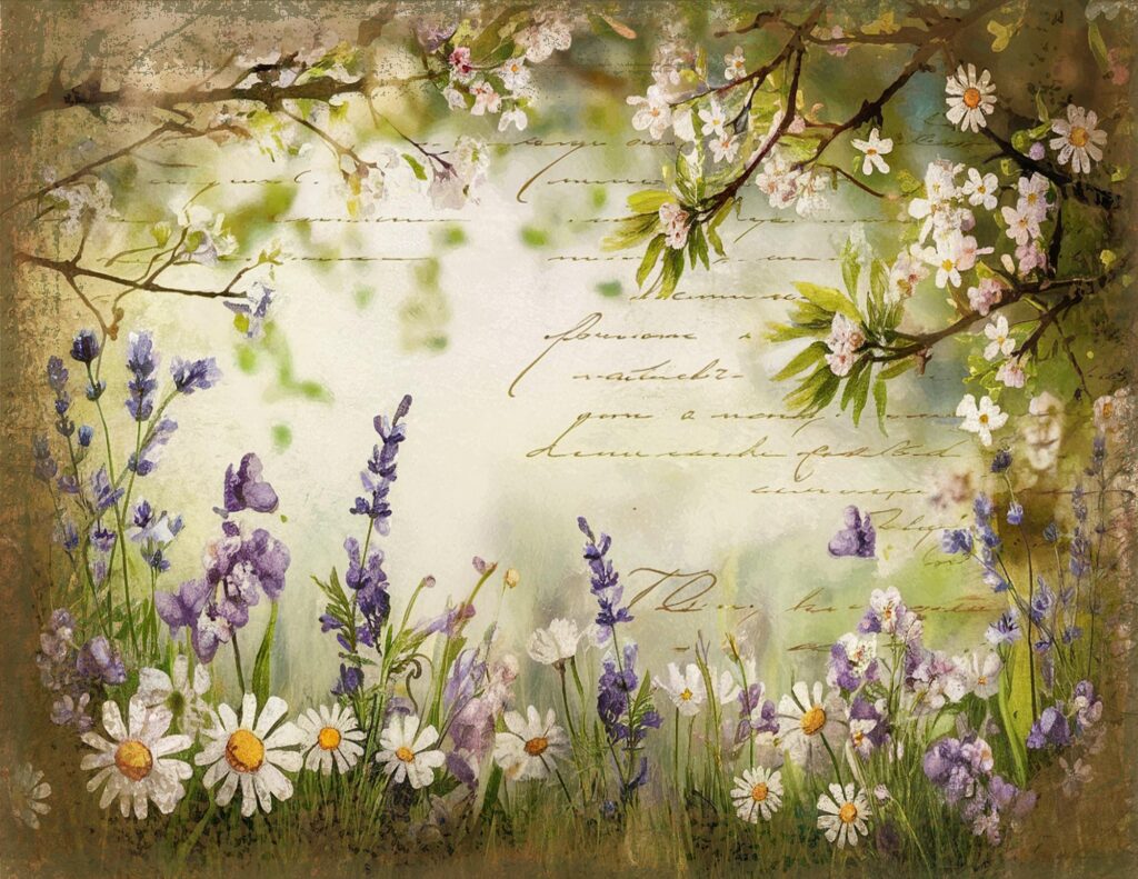 Vintage floral illustration with daisies, lavender, and cherry blossoms, featuring handwritten script in the background.