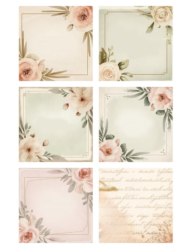 Floral vintage frames with pastel colors, featuring roses and leaves, perfect for elegant invitations or notes.