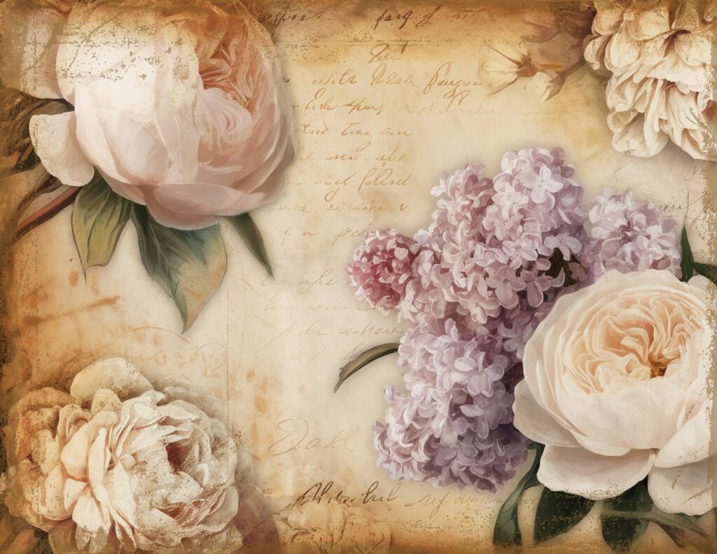 Vintage floral illustration with pink peonies, lilacs, and roses on an aged handwritten background, evoking nostalgia.
