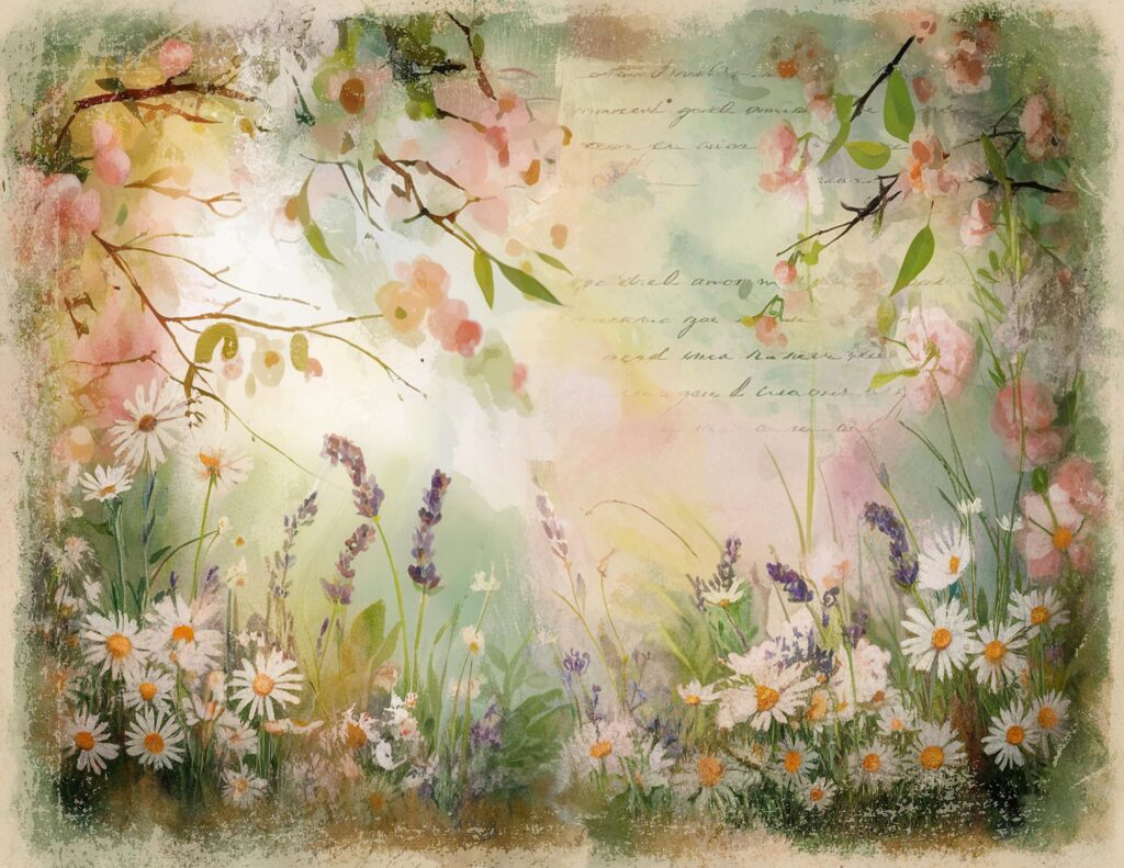 Artistic floral scene with daisies and lavender amidst a pastel watercolor background, evoking a serene spring mood.