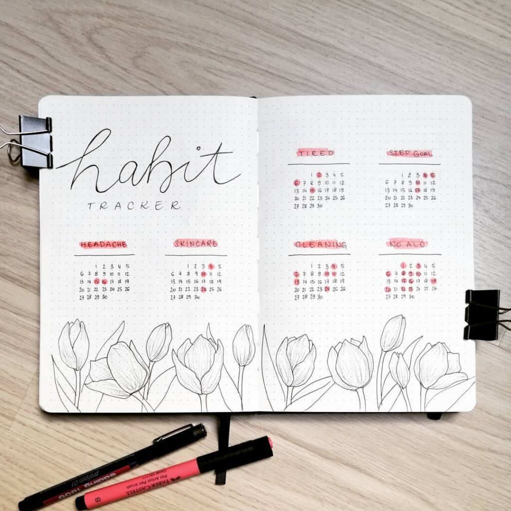 Bullet journal habit tracker with floral design on a wood surface, featuring headings and markers for various habits.
