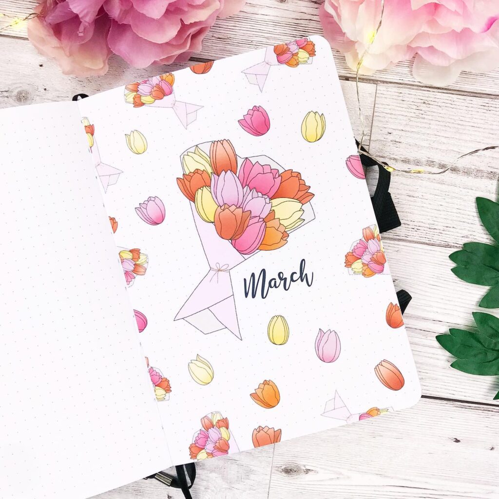 Floral bullet journal page for March with colorful tulip drawings and decorative peonies around.