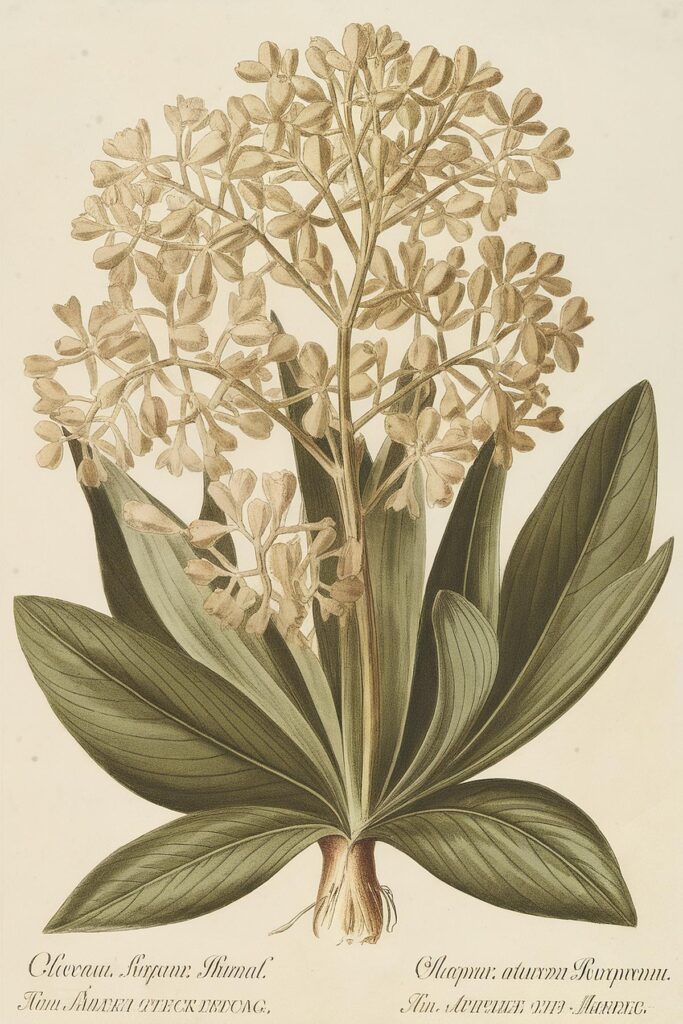 Botanical illustration of a flowering plant with wide green leaves and clusters of small flowers.