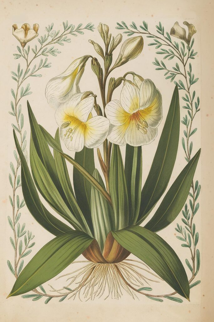 Illustration of white freesias with yellow centers, detailed green leaves, and decorative foliage, botanical art.