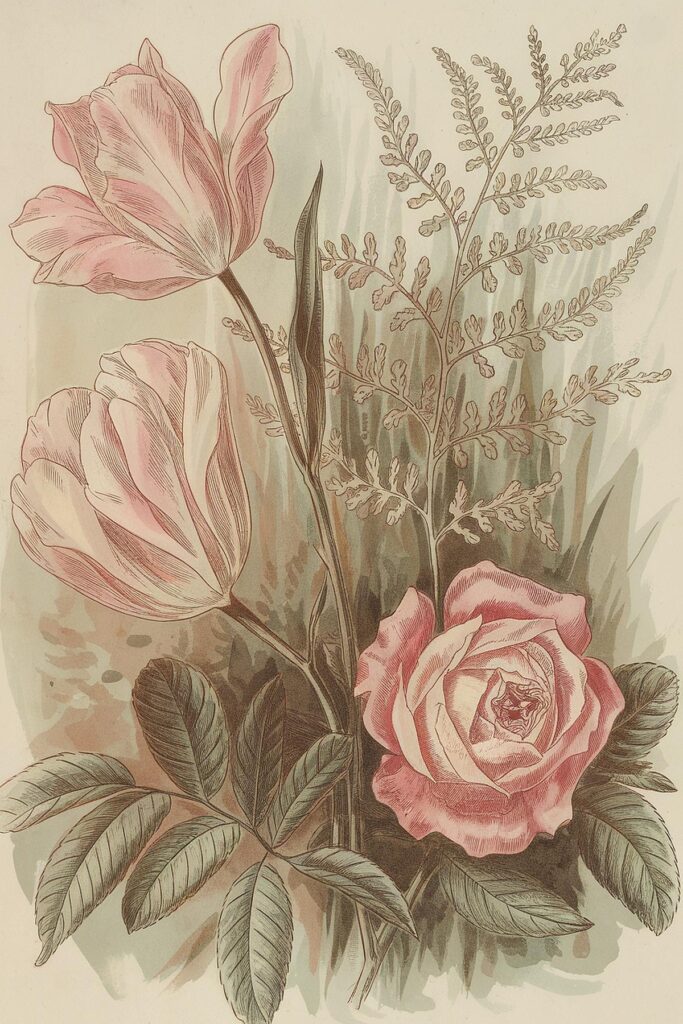 Vintage illustration of pink tulips, rose, and fern leaves on a botanical background.