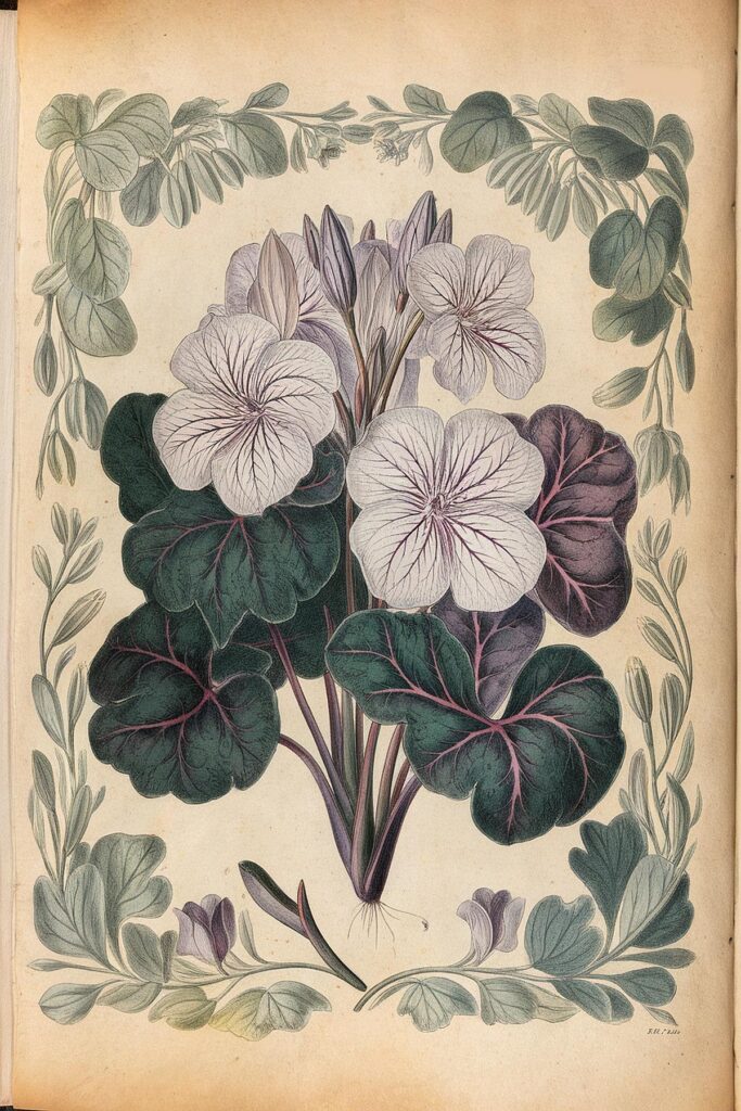 Illustrated botanical drawing of blooming flowers with green leaves, framed with intricate plant designs.