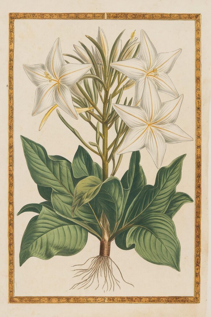 Botanical illustration of a star-shaped white flower with green leaves and roots, in a decorative border.
