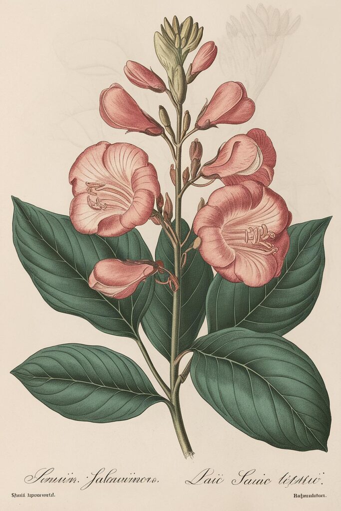 Illustration of pink flowers with lush green leaves on a botanical print design.