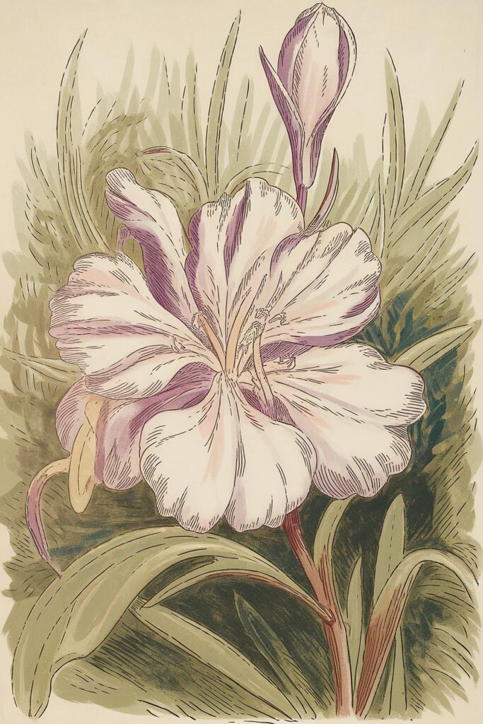 Illustration of a blooming pink flower with green leaves and a bud, showcasing botanical beauty.