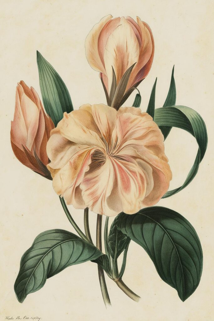 Antique botanical illustration of a peach-hued flower with lush green leaves on a light background.
