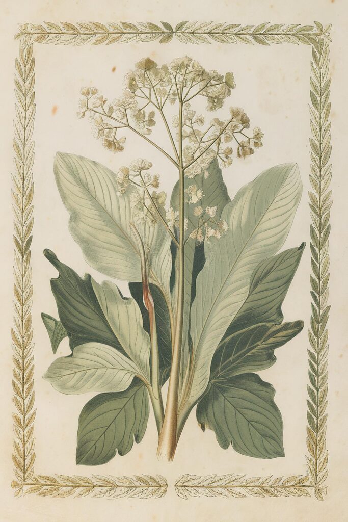Vintage botanical illustration of green leaves and white flowers framed with a laurel design.