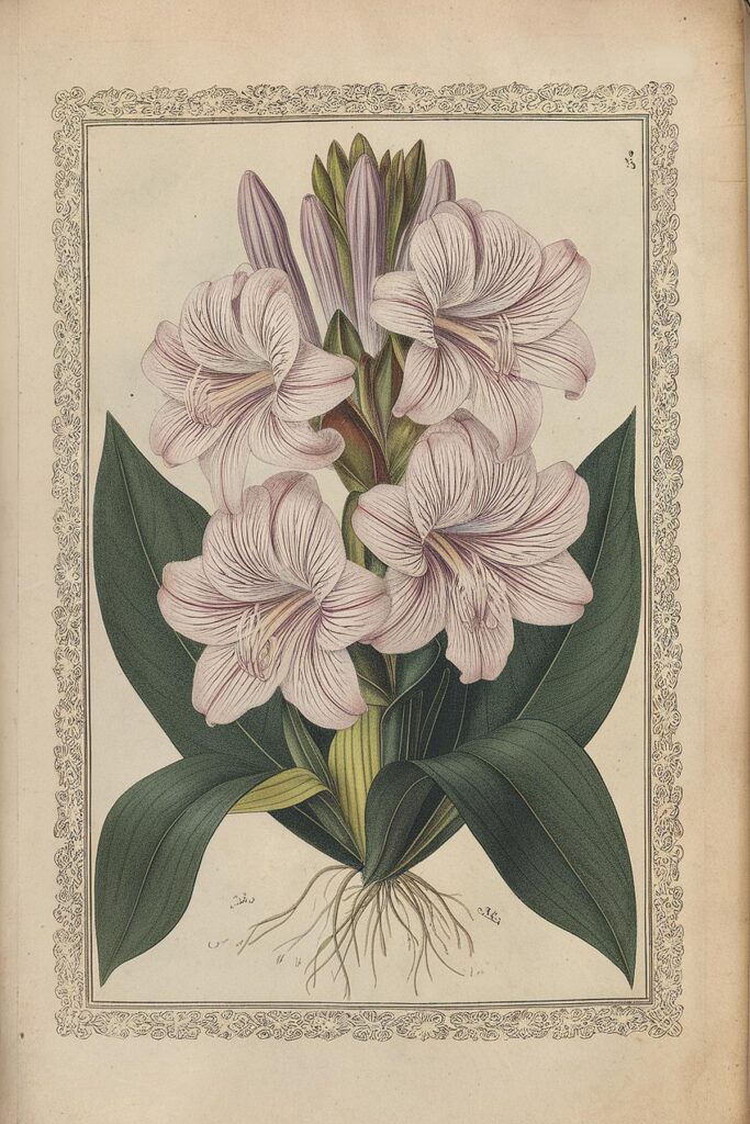 Botanical illustration of a flowering plant with purple blooms and green leaves, framed with ornate border design.