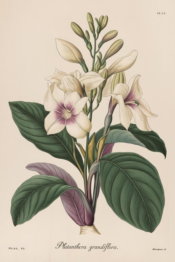 Illustrated Platanthera grandiflora with blooming white flowers and lush green leaves on a vintage botanical plate.