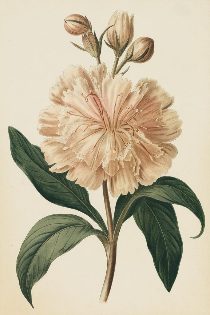Botanical illustration of a peach peony with green leaves on a light background.