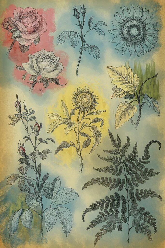 Vintage botanical illustration with roses, sunflowers, leaves, and ferns on a colorful textured background.