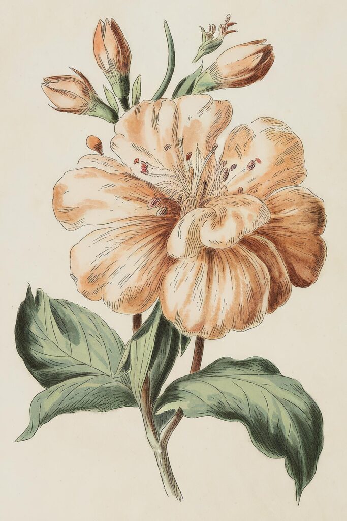 Vintage botanical illustration of an orange flower with green leaves, showcasing delicate petals and detailed line work.