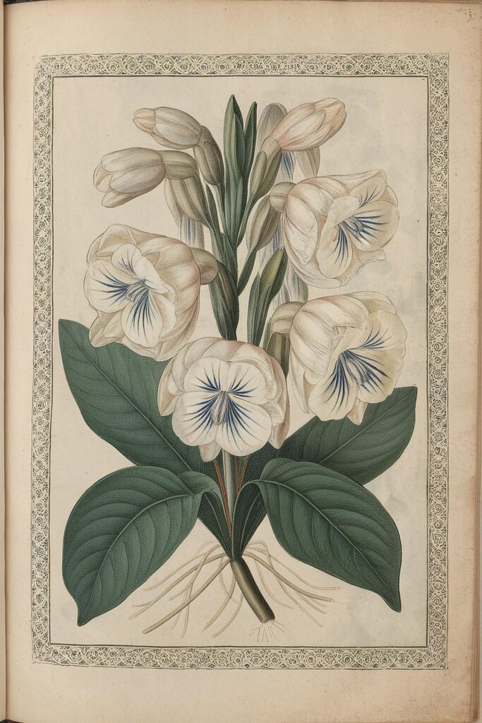 Illustrated botanical print of white flowers with green leaves, featuring vibrant blue stamens in a decorative border.