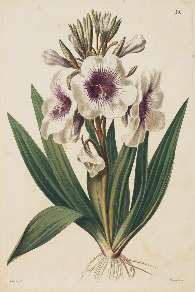 Botanical illustration of a flowering plant with white and purple blooms and green leaves.