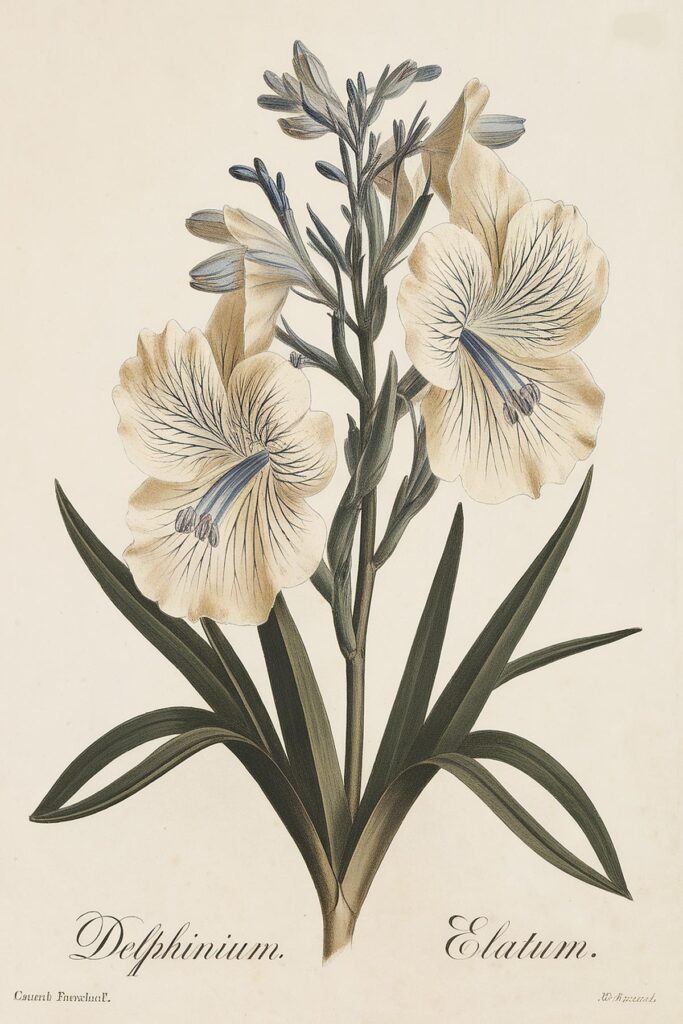 Vintage botanical illustration of Delphinium elatum with detailed flowers and leaves on a light background.