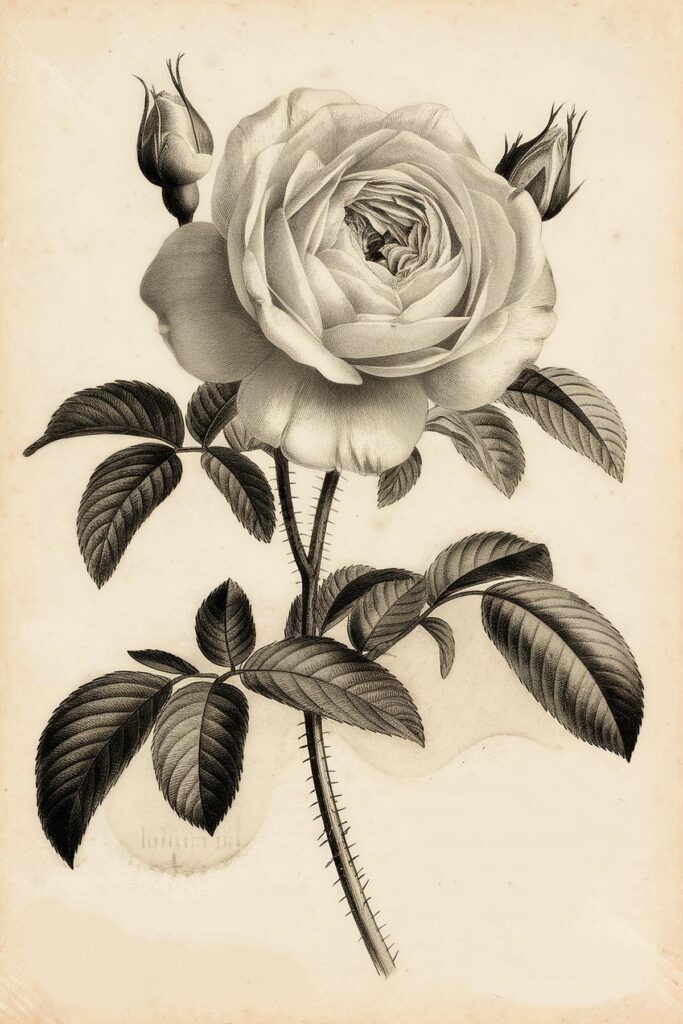 Vintage black and white rose illustration with detailed petals and leaves on a light background.