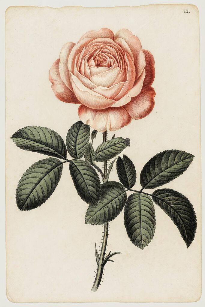 Vintage botanical illustration of a pink rose with green leaves on a textured background.