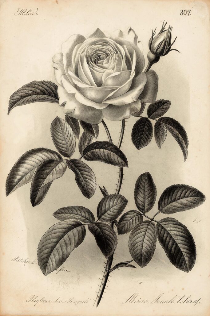 Antique botanical illustration of a detailed white rose with leaves, showcasing vintage floral artistry.