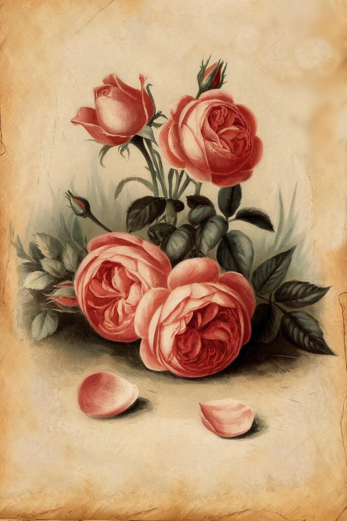 Vintage illustration of pink roses with green leaves on a parchment background.