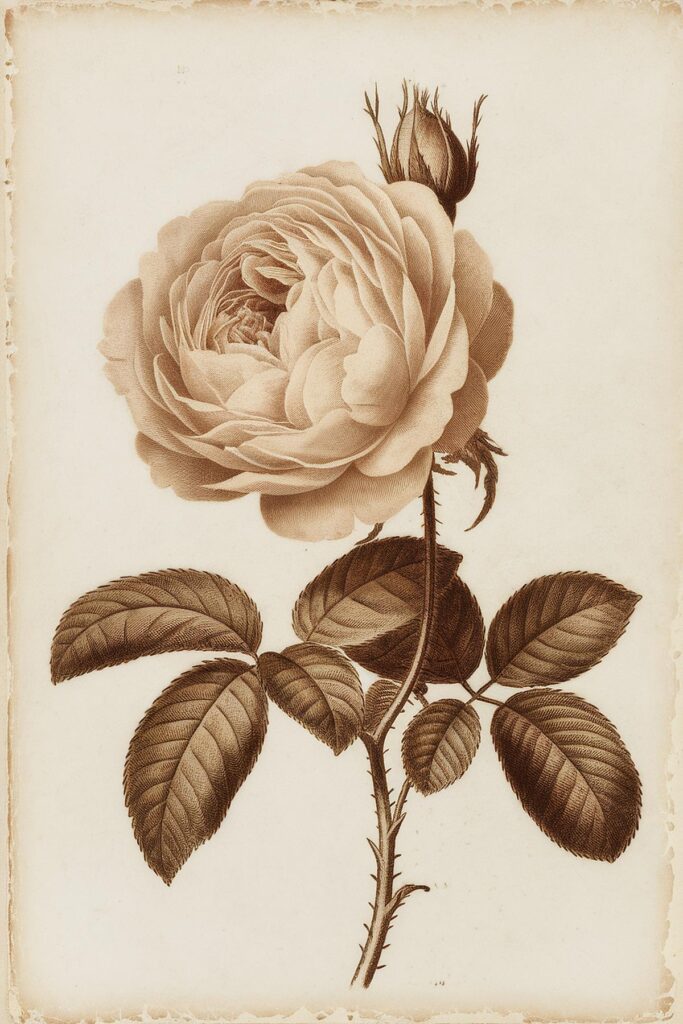 Vintage botanical illustration of a rose with detailed petals and leaves on aged paper background.