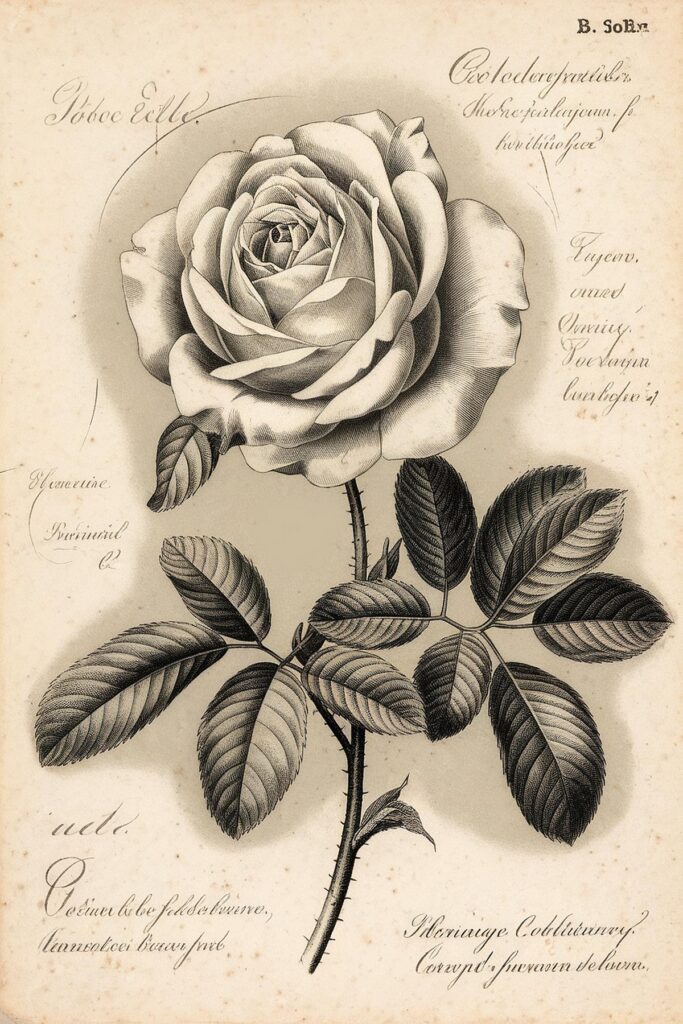 Black and white vintage rose illustration with leaves, antique botanical art style.